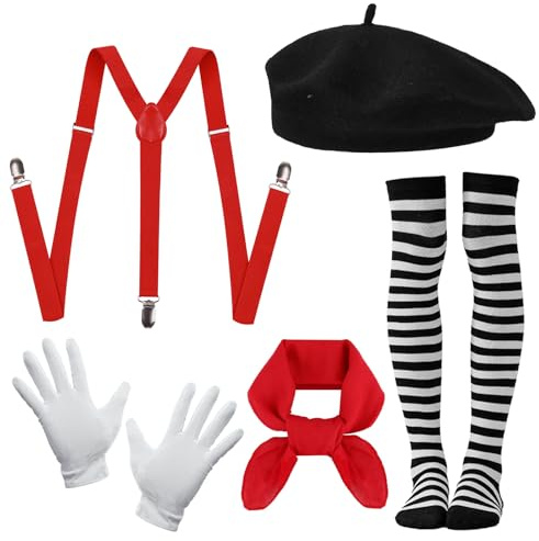 Xerteam Mime Costume Women Men, Pantomime Fancy Dress, Carnival Mime Art Costume Black Beret Red Scarf Black and White Striped Stockings Gloves Suspenders, Carnival World Book Day Costumes