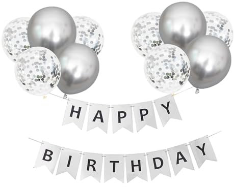 Koboko Luftballons Geburtstag Set, Luftballons Silber Geburtstagsdeko Happy Birthday Banner, Silber Ballons Geburtstag Happy Birthday Deko, Konfetti Ballon Party Deko Geburtstagsdeko Mann Frau