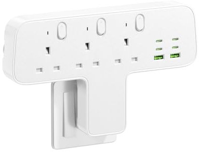 Banaplo Plug Extension Socket, 9-IN-1 Multi Plug Adaptor 3 Way 6 USB(3.8A,4 Type-C), 13A 3250W Plug Adapter UK, Wall Plug Extender with Individual Switches for Home Office Kitchen(White)