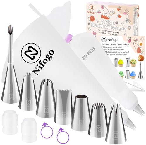 Nifogo Boquillas Manga Pastelera Profesional Grande 33 Piezas, 7 Boquillas de Acero Inoxidable, Manga Pastelera de Algodón Reutilizable para Decorar Tartas Pastel, Kit Reposteria