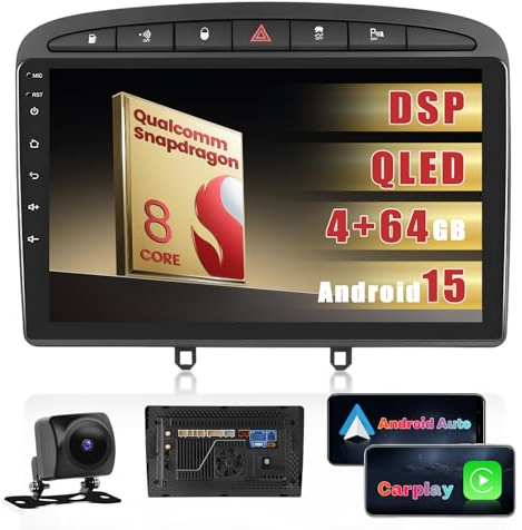 Inefala 8 Kern 4G+64G Android 15 Autoradio für Peugeot 308/408 2007-2015 | Qualcomm Snapdragon Chip,9''TouchScreen,CarPlay Android Auto,Navi,GPS,WiFi,DSP,FM/RDS,Bluetooth 5.1,SWC,Rückfahrkamera,MIC