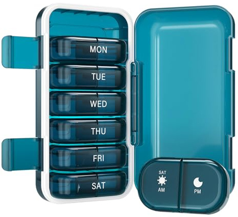 Joinice Tablettenbox 7 Tage, Wöchentliche Pillendose 2 Fächer pro Tag (AM/PM), Klein, Feuchtigkeitsfest & Robust, Für Medikamente, Vitamine & Ergänzungsmittel (2x7 Blau)