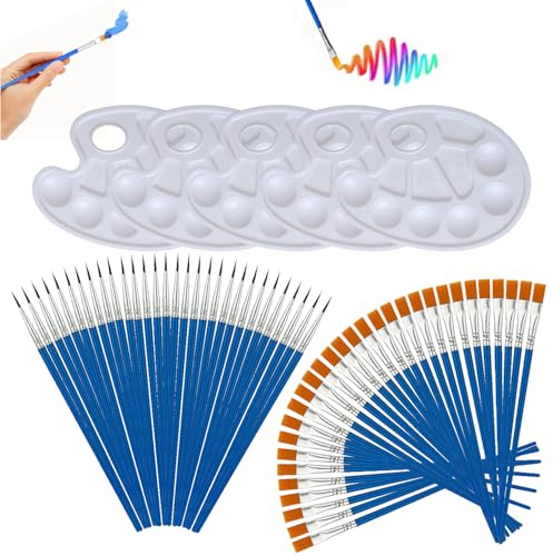 65pcs Paint brushes,30 Pcs Flat&30 Pcs Round(Two Different Sizes),5pcs painting palette with 10 Wells,Face Paints Brushes for art,Small paint brushes for Acrylic,Oil,Watercolor,Drawing & Art Supplies