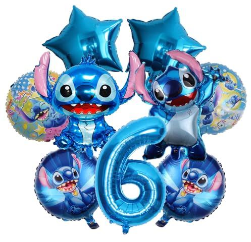 Blaue Cartoon-Geburtstagsdekoration, 6 Jahr kinder Geburtstagsdeko ballons set, Enthält Runde, Pentagramm, Zahlen, Ballon mit Zeichentrickfigur, Für Jungen und Mädchen Party-Ballon-Dekoration