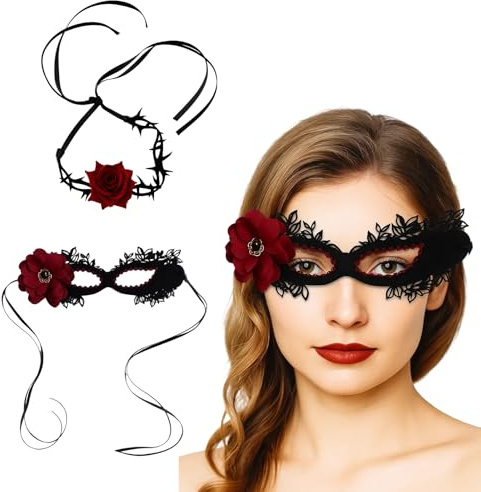 ZcrPrn Masquerade Mask for Women, Vintage Masquerade Ball Masks and Red Rose Thorn Necklace, Adult Costume Accessories for Halloween Party, Fancy Dress, Cosplay, Theatre Performances