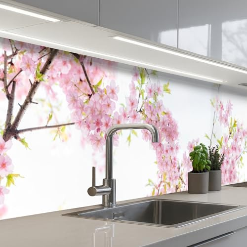 KitchenYeah© Splashback for Kitchen self-Adhesive Sink Splash Splatter | 24x118 / 60x300 cm - Guard Splashbacks Walls Cherry Blossom - Pink - Flowers - Sakura - Nature