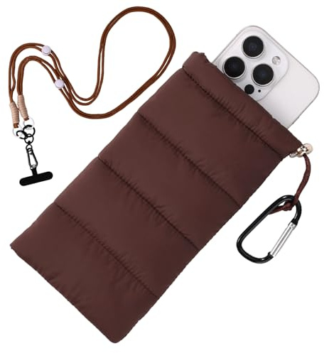 Lyreh Thermal Phone Case, Insulated Cellphone Pouch with Lanyard Connector Pad & Spring Ring Prevents Freezing & Overheating Extends Battery Life for Outdoor Camping Hiking Skiing (Brown)