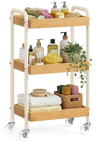 SONGMICS Carrello Portaoggetti, Carrello di Servizio, Scaffale Cucina con Maniglie, Montaggio Facile, Camera da Letto Bagno Cucina, Struttura Acciaio, 27,5 x 41,3 x 73 cm, Beige Naturale LRC081YL01