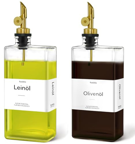2 Stück Ölflasche, Essig und Ölflaschen Set mit ausgießer, Olivenöl Flasche mit 40 Aufkleber, Trichter, 350ml Glas Ölspender für Kochen, Salat und Grillen (Klare Flasche +Goldene Pumpe, 500ml)