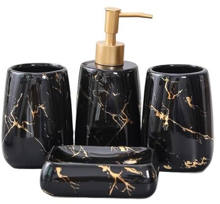 Bathroom Sets Botella de cerámica rellenable con Bomba for baño Moderno, Ideal for tocador. Contiene Enjuague bucal, Taza y platillo Coastal Decor(Black,4)