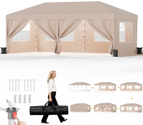 JUMMICO Tonnelle Pliante 3x6 imperméable, Hauteur Réglable, Toile Épaisse avec Fermeture Velcro, Structure Robuste, Protection Anti-UV, Idéale pour Camping, Jardin et Plus Encore, Beige
