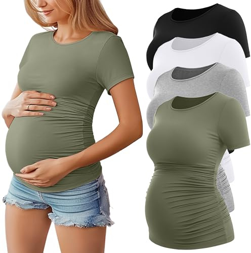 Geyoga - Confezione da 4 Magliette Premaman da Donna a Maniche Corte, con Scollo Rotondo e Arricciature Laterali(Nero, Verde Militare, Grigio mélange Chiaro, Bianco,M)