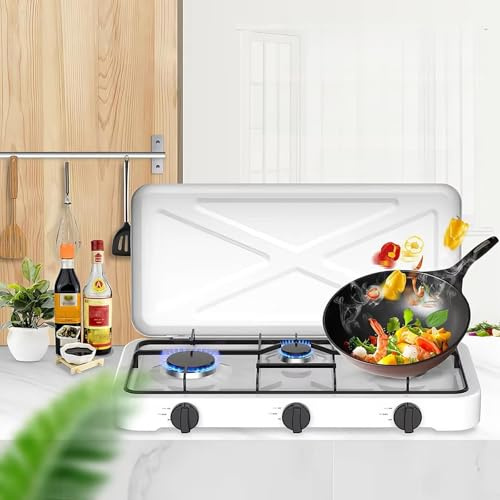 Camping Gas Stove, 3 Burner Stainless Steel Cooktop with Adjustable Temperature Control and Automatic Ignition, Safe Lid for LPG Use - Ideal for Outdoor Adventures