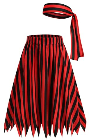 Disfraz de pirata para mujer, color rojo y negro, a rayas, falda pirata, con cinturón, hasta la rodilla, cintura alta, cosplay, falda de pirata, asimétrica, swing en A, falda midi falda, disfraz de