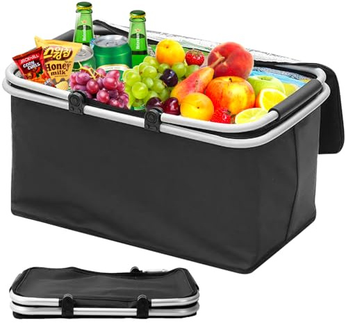 30L Einkaufskorb Faltbar, Groß Picknickkorb Mit Gepolsterten Griffen, Tragekorb Einkaufskorb Kühltasche, Einkaufstasche mit Gepolsterte Stützstangen, Alurahmen, für Reisen, Picknick, Einkaufen