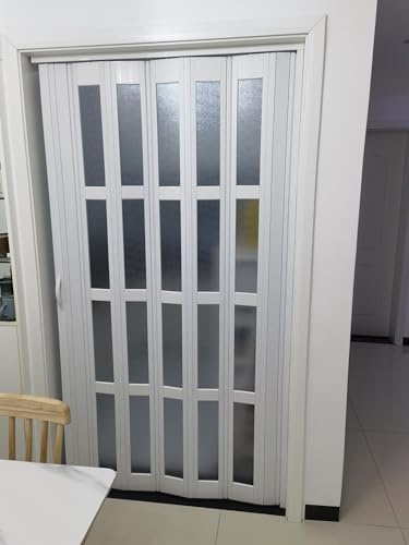 Sliding Door Room Divider, Frosted Clear Accordion Folding Door with Handle for Interior Spaces, Ideal for Living Rooms and Gaming Areas