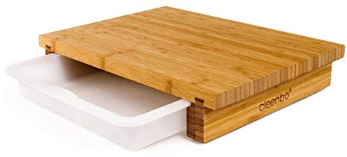 cleenbo Schneidebrett classic bamboo 2. Wahl, Profi Holz Küchenbrett aus geöltem Bambus, Schneidebretter mit Schublade, Bambusbrett groß für Küche mit Auffangschale Kunststoff, 40 x 29 x 7 cm