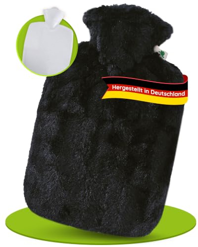 Hugo Frosch Wärmflasche Klassik 1,8 l mit Flauschbezug in Felloptik Schwarz | Große Bettflasche Made in Germany, auslaufsicher & langlebig, mit kuscheligem Überzug, abnehmbar & waschbar