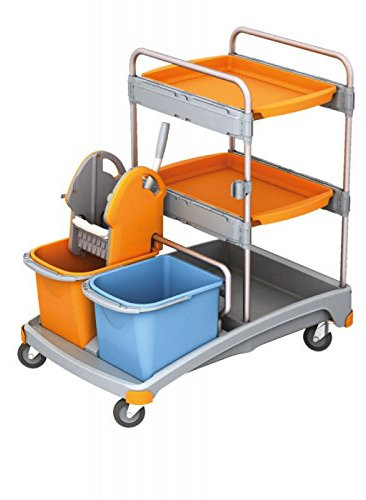 Splast Putzwagen-Set mit 2 Ablageflächen, Moppresse, 2 Eimern und Plastikbasis