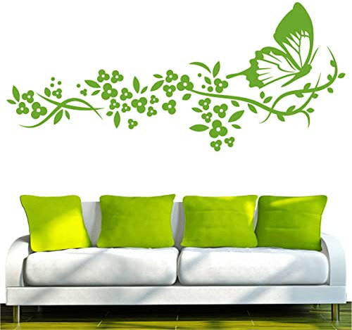 INDIGOS UG - Wandtattoo Wohnzimmer - Wandaufkleber süßer Schmetterling Blüten Ranke Pflanze Tribal 160x70 cm - gelbgrün d181 - Aufkleber Kinderzimmer Schlafzimmer Küche Badezimmer Büro Dekoration