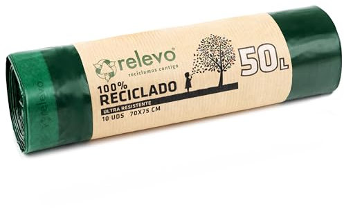 Relevo Sacchetti per immondizia riciclati al 100%, extra resistenti, 50 l, 10 sacchetti