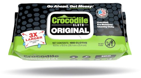 Crocodile Cloth Lingettes nettoyantes originales – 100 lingettes nettoyantes industrielles (38,1 x 25,4 cm) pour les mains et outils – Grands chiffons de nettoyage multi-surfaces, solution à base
