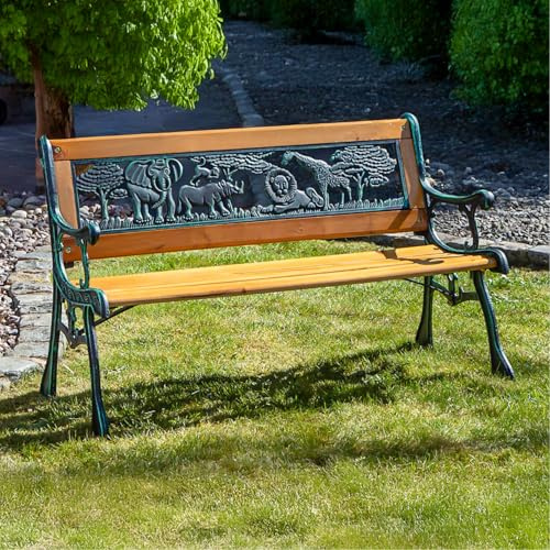 Garden Mile® Banco de jardín de madera para niños, asiento de jardín para niños, con diseño de animales del arca de Noé, safari, sillas de hierro fundido, fuerte y estable