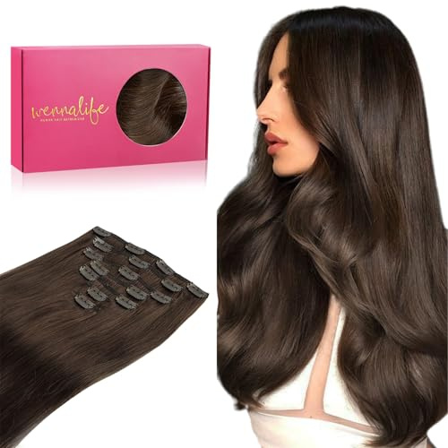 WENNALIFE Clip in Extensions Echthaar, 35cm 14 Zoll 120g 7pcs Schokoladenbraun Hair Extensions Clip in Echthaar Remy Clip in Haarverlängerung Natürliche Echthaar Extensions
