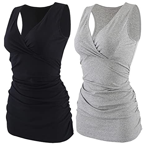 COLOMI maternità Allattamento Canotta Abbigliamento Premaman Top Sleep Reggiseno per L'Allattamento al Seno (Black+Grey/2Pack, S)