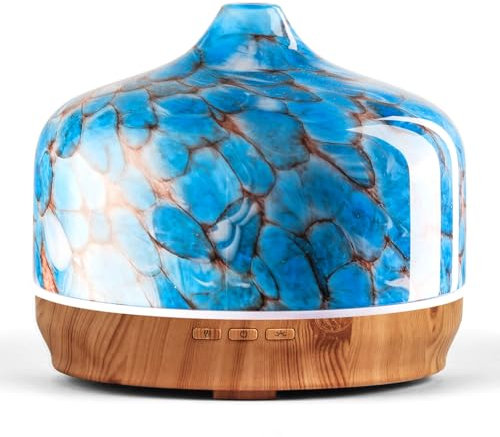 Porseme Aroma Diffuser 500ml,Handgeblasen Glas Luftbefeuchter,Ultraschall Aromatherapie Öle Diffusor mit 7 Farben LED Licht,Diffusor für Ätherische Hält 15-21 Stunden,Leise für Wohnung (Blue)