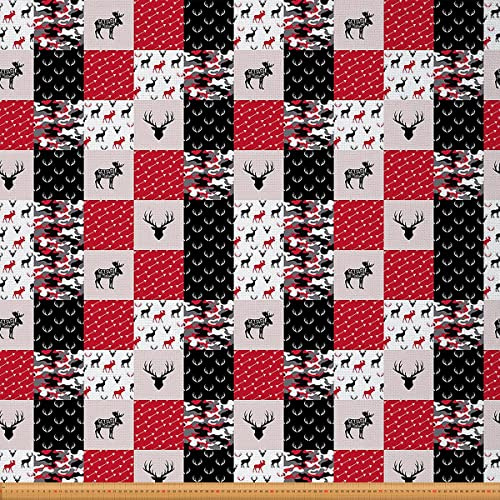 Tarnung Polsterstoff Hirsch Stoff Meterware Schwarz Weiß Roter Tarnung Dekorations Stoff Geweih Gitter, Karierter Stoff für Drinnen und Draußen, Steppstoff für Wildtiere, 184 x 150 (HxB), Rot Schwarz