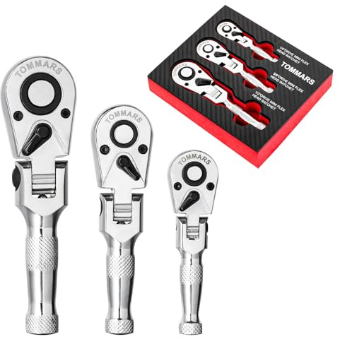 TOMMARS Flex-Head Stubby Ratchet Set, 1/4, 3/8, 1/2 Drive Flexible Mini Small Ratchet Handle Wrench 72-Tooth Quick-Release Reversible | Mechanic Hand Tool, Flexible, 72 Tooth 5-degree swing arc, Quick Release, Reversible