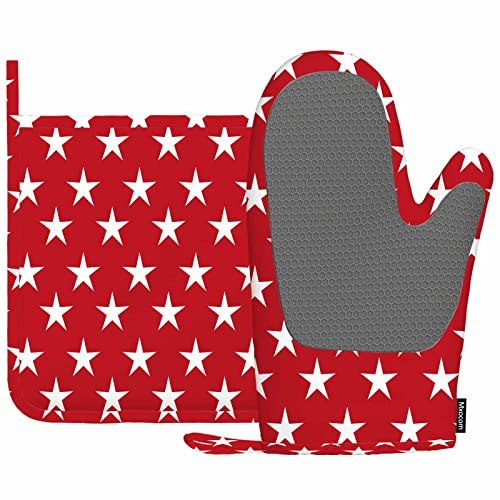 Mxocom Stars Ofenhandschuhe und Topflappen-Sets, USA-Flagge, weiße Sterne auf rotem Hintergrund, Silikon, hitzebeständig, Küche, Ofenhandschuhe, Topflappen zum Kochen