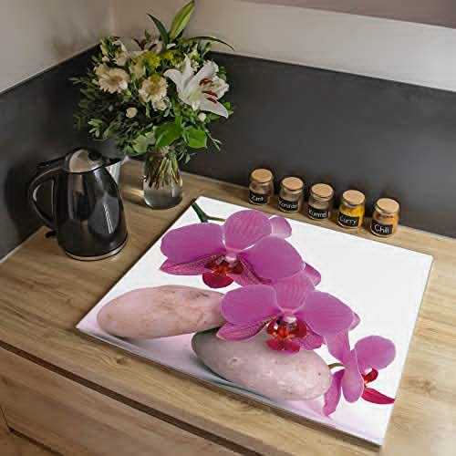 banjado® Herdabdeckplatte Glas 1-teilig 70x52 cm/Schneidebrett Herdabdeckung mit Motiv Orchidee/Herdabdeckplatten Ceranfeld 1teilig / Schneidebrett Glas individuell einsetzbar
