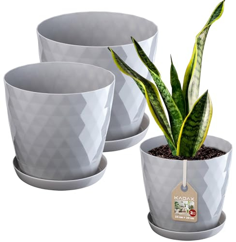 KADAX Pot de Fleurs en Plastique avec Soucoupe, Pot de Plante pour Une Décoration Florale Moderne dans l'espace Interieur (Lot de 2 : Gris, 25 et 30 cm)