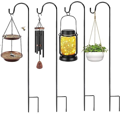 Kleemeiero 4 Stück Schäferhaken 90cm Laternenhalter Garten Befestigungshaken Schäferstab Metall Gartenstab Höhenverstellbar Rankstab Gartenstecker für Pflanzen, Vögel, Futterspender, Solarlicht