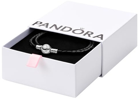 Pandora Moments Double Woven Leather Bracelet with Sterling Silver Clasp - Compatible Moments Charms - Charm Bracelet for Women - Gift for Her - Black, With Gift Box, 13.8, Metal Leather, no gemstone