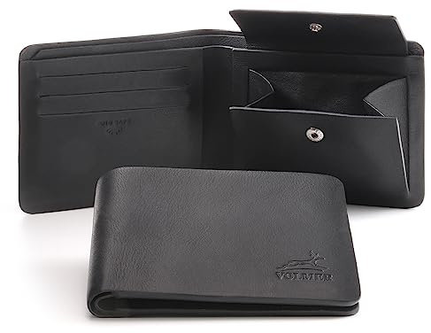 Fa.Volmer ® Hochwertige Herren Geldbörse aus Leder ‒ Ohne Futter, nur Leder ‒ Nahtlos ‒ Abgerundete Ecken ‒ Großes Münzfach ‒ Querformat ‒ RFID-Schutz ‒ Business-Modell ONE (Schwarz nahtlos)