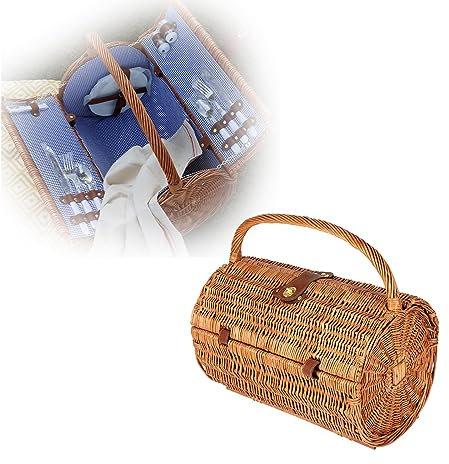VIDECOR Picknickkorb, Picknickkorb mit Deckel, Zylindrischer Gewebter Picknickkorb für 2 Personen, Aufbewahrung für Outdoor-Körbe für Camping und Partys Im Freien