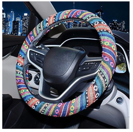 JNNJ Coprivolante per Auto Ad Assorbimento Del Sudore, Coprivolante per Auto in Panno Di Lino Grezzo Di Stile Etnico, Stile Etnico Grossolano Lino Panno Auto Coprivolanti Per Furgoni Camion(Modello A)