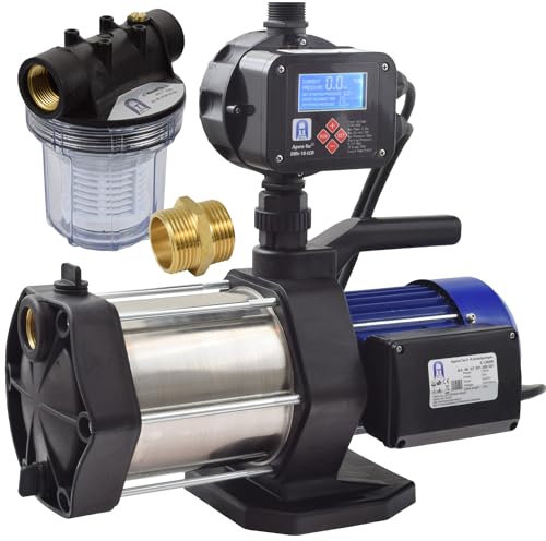 Agora-Tec® Hauswasserautomat Hauswasserwerk 5-1300 18DW-LCD-1L mit Druckschalter Vorfilter 5400 l/h 5,6 bar einstellbarer Ein- Ausschaltdruck, Trockenlaufschutz, Leckage-Anzeige, Überdruckabschaltung
