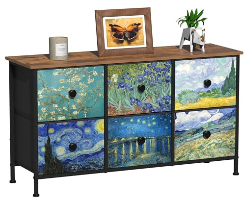 VEDECASA Commode pour chambre à coucher avec 6 tiroirs en tissu, commode et commode, meuble TV Van Gogh avec dessus en bois et cadre en métal pour chambre de filles, garçons, chambre d'enfant, salon