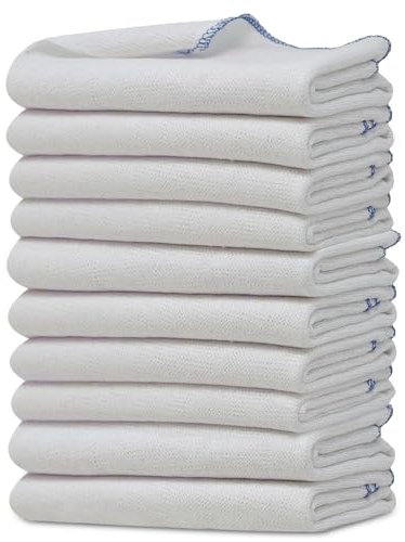 Towelogy Dish Towels 10 Pack - 38 x45cm Extra Large Cotton Dishcloths Commercial Grade Kitchen Cloths (White/Blue Bordered, 10)