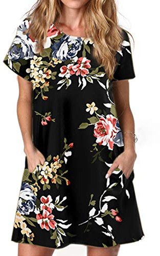 Ancapelion Women's Casual Summer Loose T Shirt Tunic Dress with Pockets for Ladies Black Rose Print Short Sleeve Dress XXL