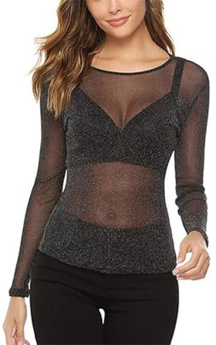 EMOTTOS Women's Sexy Lace Tops, Shiny Slim Fit Tulle Mesh Long Sleeve Top, Round Neck See Through Shirts for Women, Female Sexy Leotard Silver Thread Clubwear(C2-Black-L)