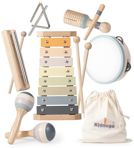KidMigo Musikinstrumente für Kinder ab 3 Jahre, 7 in 1 Musikinstrumente Holzspielzeug, Trommel Xylophone Musikinstrumente Kinder, Montessori Spielzeug ab 3 Jahre