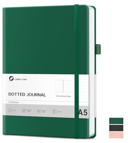 Lonely Ek kulprickig journal anteckningsbok för att skriva, A5 inbunden anteckningsbok för kvinnor och män, resedagbok 120 gsm syrafritt papper med inbunden läder (grön)