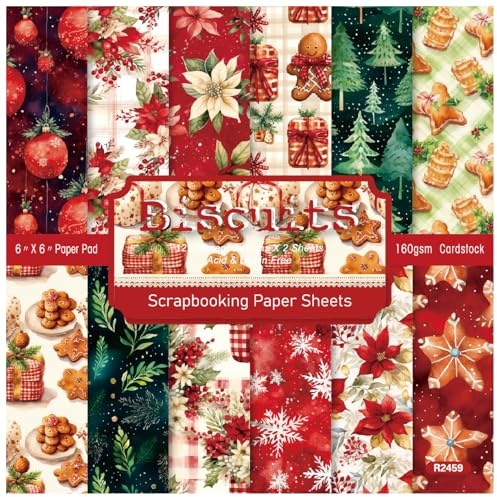 ZAKHSE Motivpapier Weihnachten, 48 Blätter Designpapier 15,2x15,2cm Kekse Rot Blumenmuster Einseitig Bedruckt Scrapbook Papier Bastelpapier für DIY Kartengestaltung Scrapbook Zubehör-12 Muster