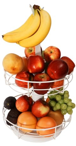 J JACKCUBE DESIGN Corbeille à fruits rotative à 2 niveaux pour comptoir de cuisine Panier à fruits et légumes avec support crochet banane (blanc) – MK1313B