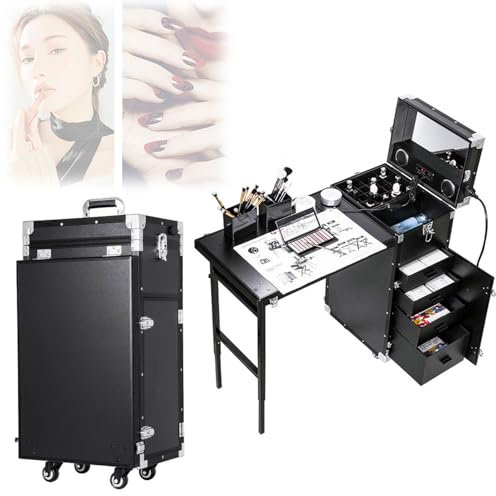 Mesa De Manicura Con Ruedas, Caja De Almacenamiento De Cosméticos Portátil Profesional Con 6 Luces, Carrito De 4 Cajones Con Parlantes, Estación De Trabajo De Escritorio De Uñas Con Marco De Aleación